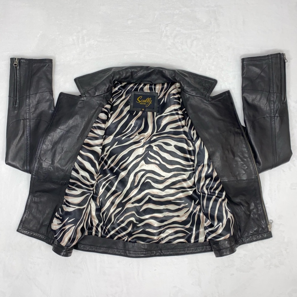 SCULLY Women's Black Lamb Leather Jacket sz MEDIUM Moto Biker Embroidery Zip-up